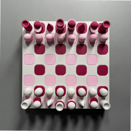 a custom 3d printed chess set in pink by mads 3d prints aerial view
