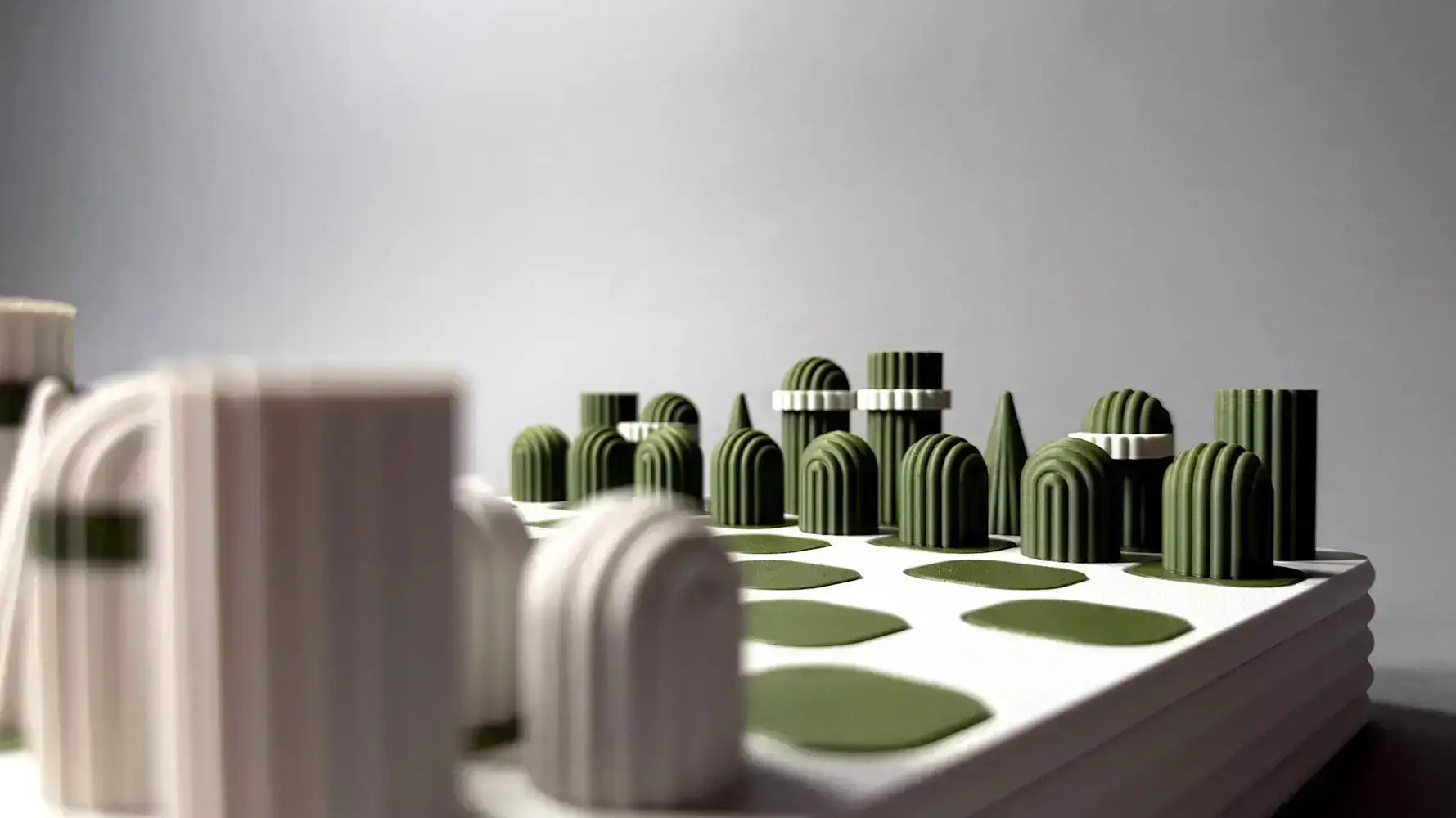 An amazing modern chess set in white and green