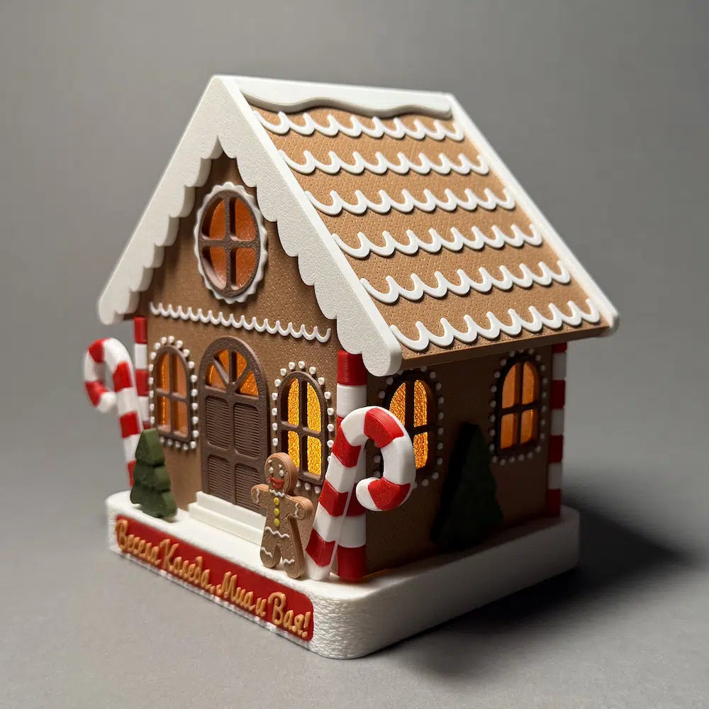 Decorative gingerbread house with candy canes and a gingerbread man on a gray background