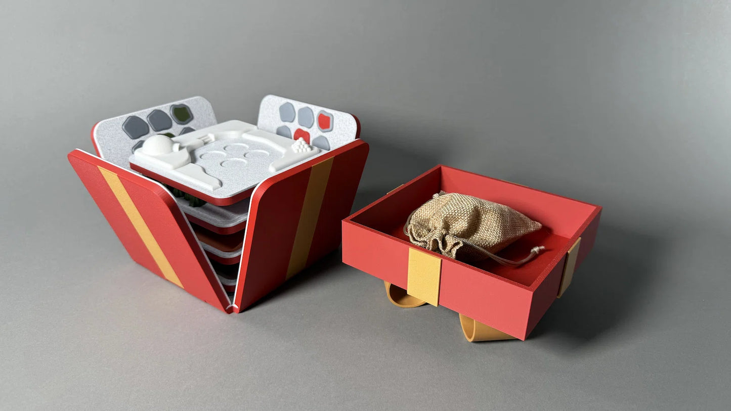A view of a colourful 3d printed board game that folds in a box