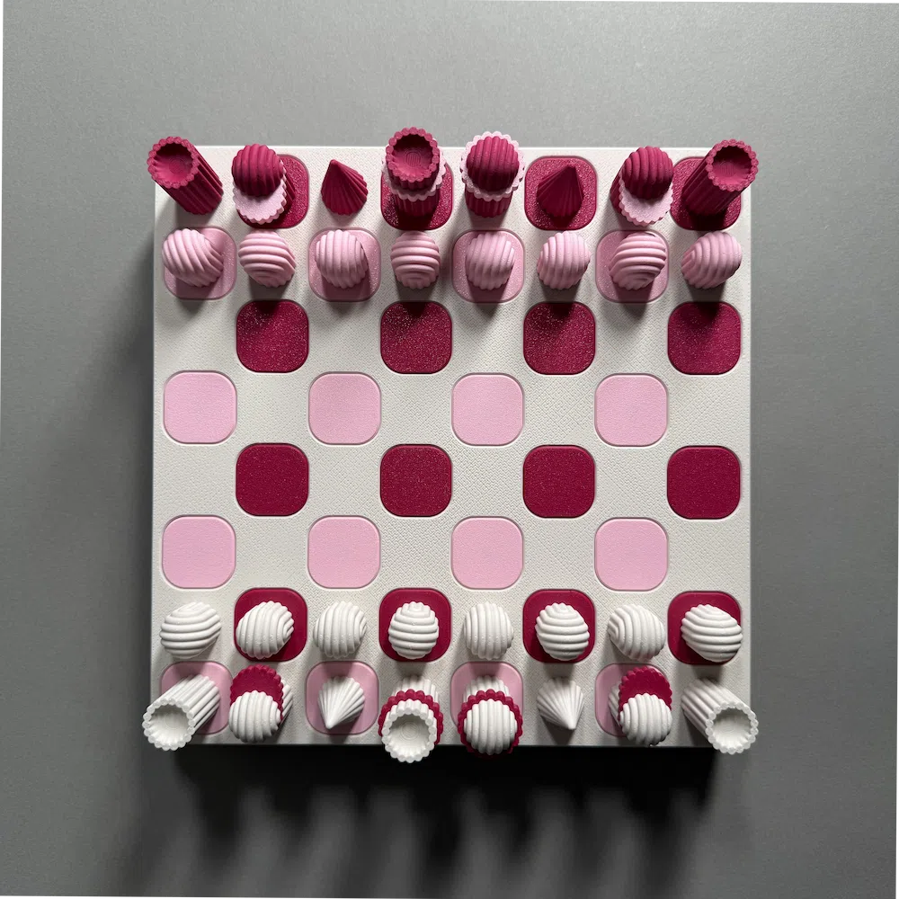 a custom 3d printed chess set in pink by mads 3d prints aerial view
