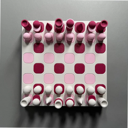 a custom 3d printed chess set in pink by mads 3d prints aerial view