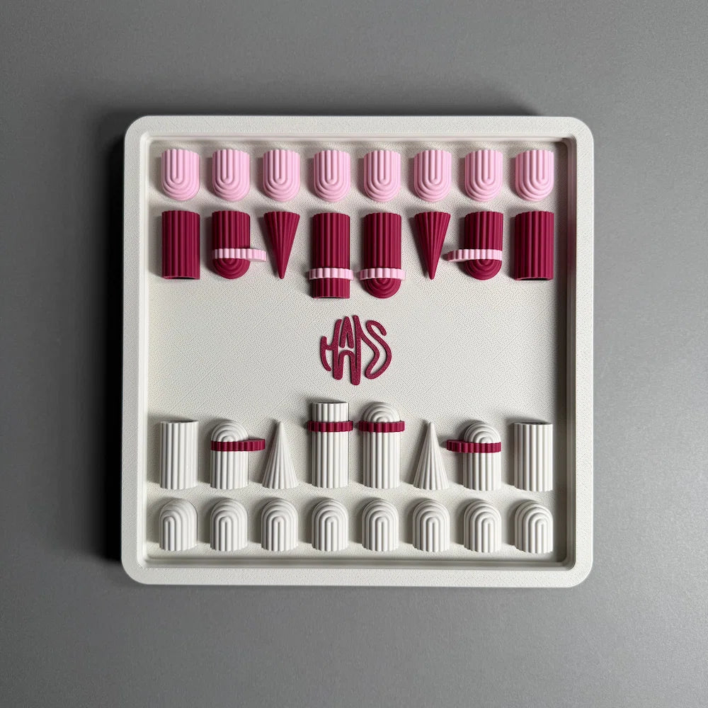 aerial view of a 3d printed custom chess box in pink