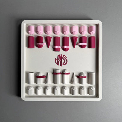 aerial view of a 3d printed custom chess box in pink