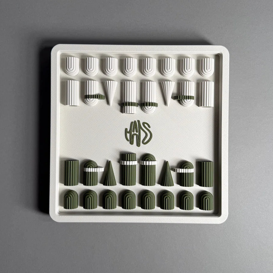 3d printed chess in green and bone white top view